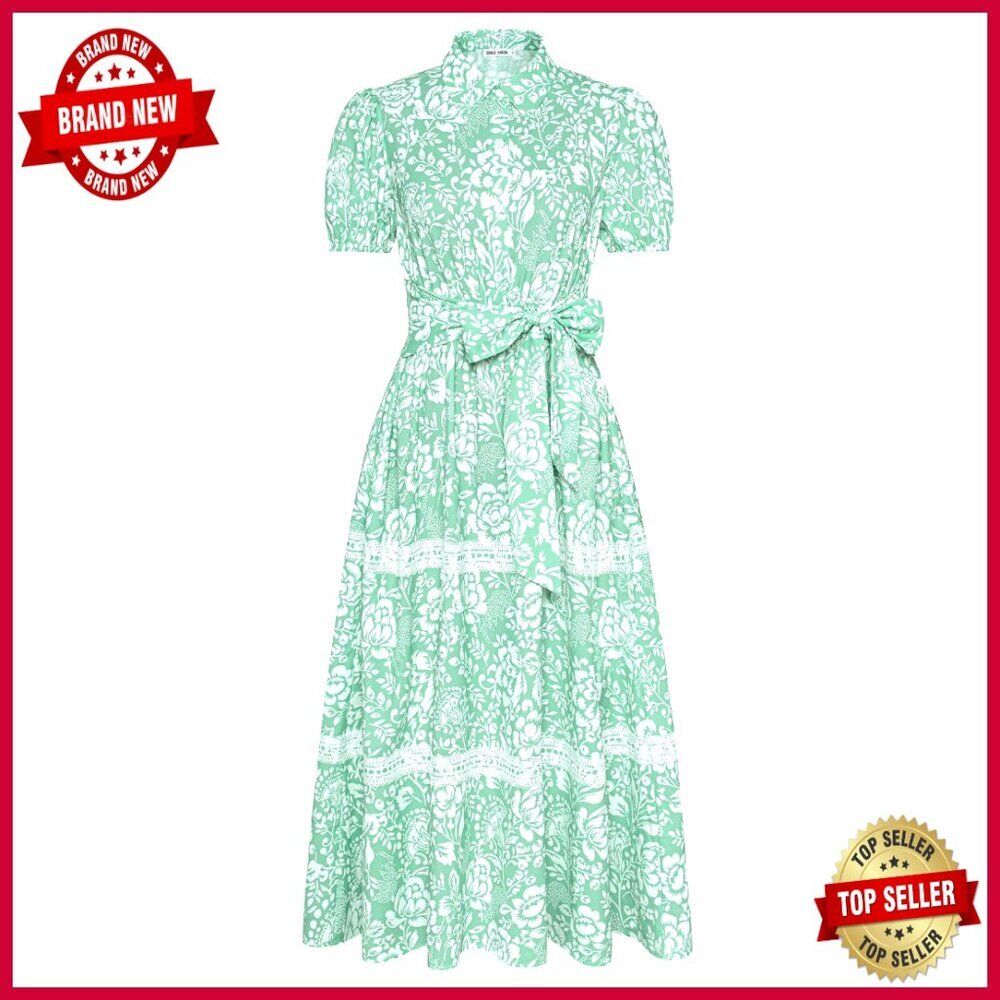 Floral Flowy Maxi Dress Boho Puff Sleeves Tie Belt Pocket Summer Casual